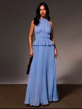 SHEIN Light Blue Halter Pleated Maxi Dress